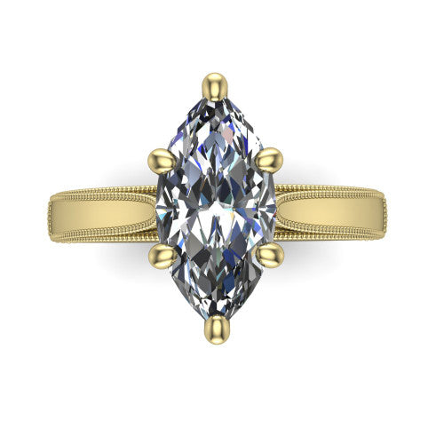Adeline marquise solitaire engagement ring in 18K Yellow Gold, top-down view showing the brilliant marquise center diamond held by four prongs above a squared milgrain band