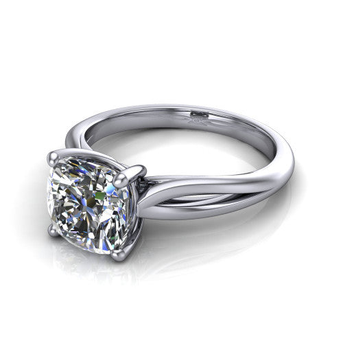 Beatrice cushion solitaire engagement ring in 14K White Gold, three-quarter perspective showing the brilliant cushion-cut center diamond on a slim polished band with trellis crossover gallery