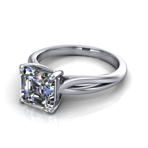 Beatrice square emerald solitaire engagement ring in 18K White Gold, three-quarter perspective showing the step-cut square emerald center diamond on a slim polished band with trellis crossover gallery