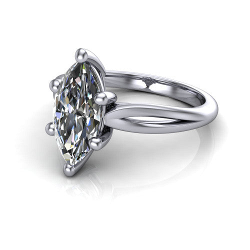 Beatrice marquise solitaire engagement ring in Platinum, three-quarter perspective showing the brilliant marquise center diamond on a slim polished band with trellis crossover gallery