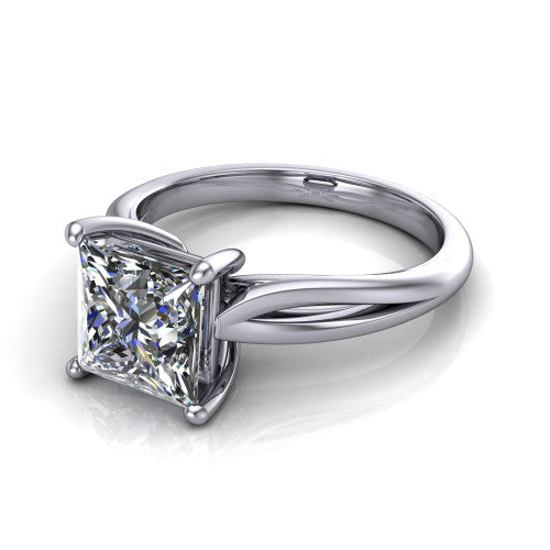 Beatrice princess solitaire engagement ring in Platinum, three-quarter perspective showing the brilliant princess-cut center diamond on a slim polished band with trellis crossover gallery