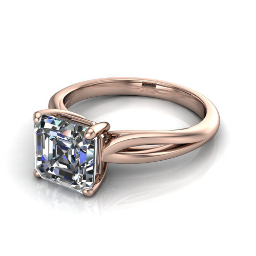 Beatrice square emerald solitaire engagement ring in 14K Rose Gold, three-quarter perspective showing the step-cut square emerald center diamond on a slim polished band with trellis crossover gallery