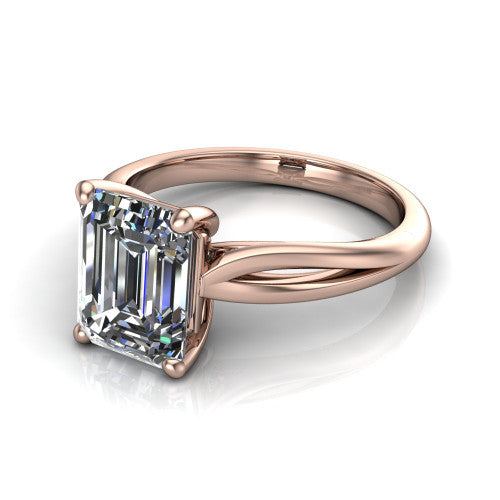 Beatrice emerald solitaire engagement ring in 14K Rose Gold, three-quarter perspective showing the step-cut emerald center diamond on a slim polished band with trellis crossover gallery