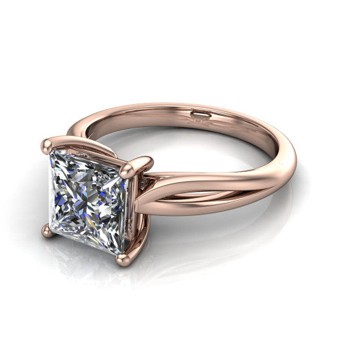 Beatrice princess solitaire engagement ring in 18K Rose Gold, three-quarter perspective showing the brilliant princess-cut center diamond on a slim polished band with trellis crossover gallery