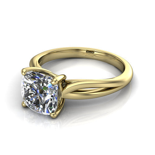 Beatrice cushion solitaire engagement ring in 14K Yellow Gold, three-quarter perspective showing the brilliant cushion-cut center diamond on a slim polished band with trellis crossover gallery