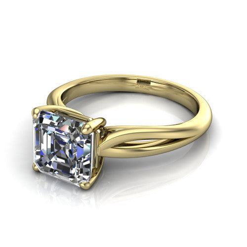 Beatrice square emerald solitaire engagement ring in 14K Yellow Gold, three-quarter perspective showing the step-cut square emerald center diamond on a slim polished band with trellis crossover gallery