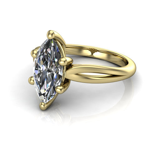 Beatrice marquise solitaire engagement ring in 14K Yellow Gold, three-quarter perspective showing the brilliant marquise center diamond on a slim polished band with trellis crossover gallery