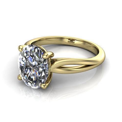 Beatrice oval solitaire engagement ring in 18K Yellow Gold, three-quarter perspective showing the brilliant oval center diamond on a slim polished band with trellis crossover gallery