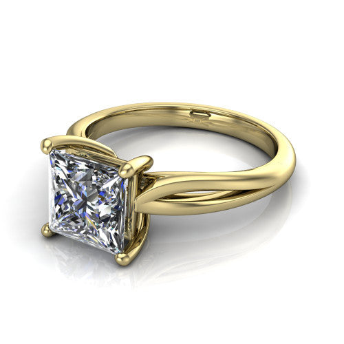 Beatrice princess solitaire engagement ring in 18K Yellow Gold, three-quarter perspective showing the brilliant princess-cut center diamond on a slim polished band with trellis crossover gallery