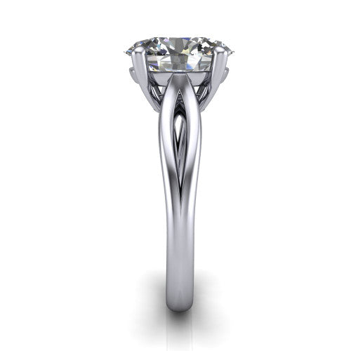 Beatrice oval solitaire engagement ring in 14K White Gold, side profile showing the trellis crossover arms beneath the head and slim polished band