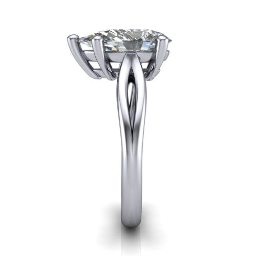 Beatrice pear solitaire engagement ring in 14K White Gold, side profile showing the trellis crossover arms beneath the head and slim polished band