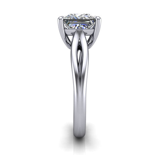 Beatrice princess solitaire engagement ring in Platinum, side profile showing the trellis crossover arms beneath the head and slim polished band