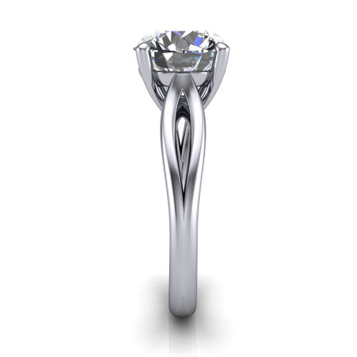 Beatrice round solitaire engagement ring in 14K White Gold, side profile showing the trellis crossover arms beneath the head and slim polished band