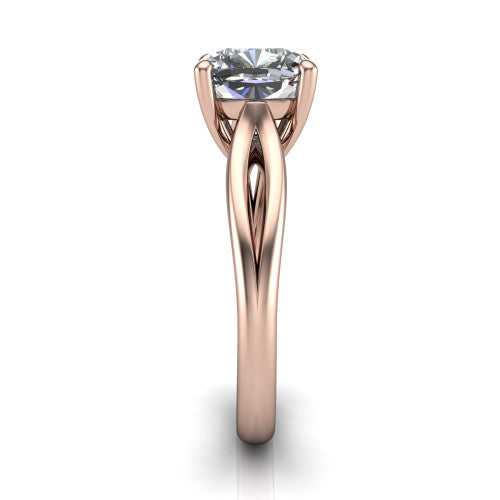 Beatrice cushion solitaire engagement ring in 14K Rose Gold, side profile showing the trellis crossover arms beneath the head and slim polished band