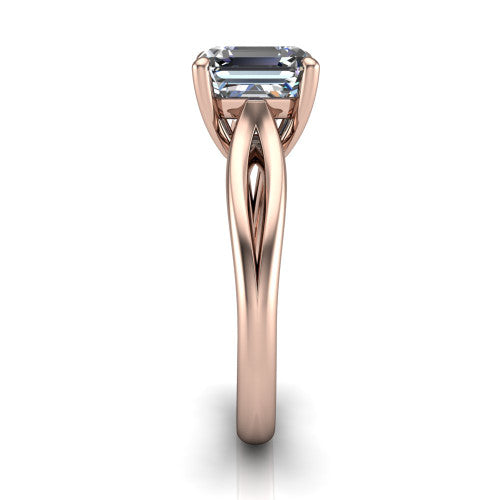 Beatrice square emerald solitaire engagement ring in 14K Rose Gold, side profile showing the trellis crossover arms beneath the head and slim polished band