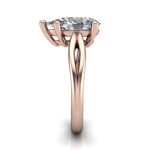 Beatrice pear solitaire engagement ring in 18K Rose Gold, side profile showing the trellis crossover arms beneath the head and slim polished band