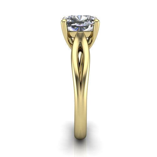 Beatrice cushion solitaire engagement ring in 14K Yellow Gold, side profile showing the trellis crossover arms beneath the head and slim polished band