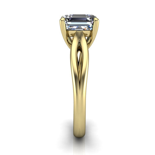 Beatrice square emerald solitaire engagement ring in 14K Yellow Gold, side profile showing the trellis crossover arms beneath the head and slim polished band