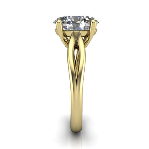 Beatrice oval solitaire engagement ring in 14K Yellow Gold, side profile showing the trellis crossover arms beneath the head and slim polished band