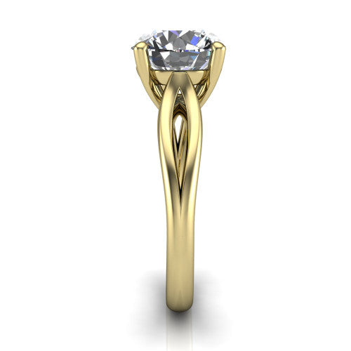 Beatrice round solitaire engagement ring in 14K Yellow Gold, side profile showing the trellis crossover arms beneath the head and slim polished band