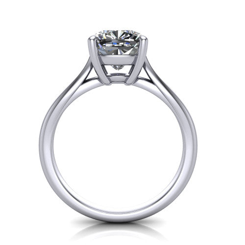 Beatrice cushion solitaire engagement ring in Platinum, through-finger front profile showing the trellis crossover under-gallery and cathedral lift