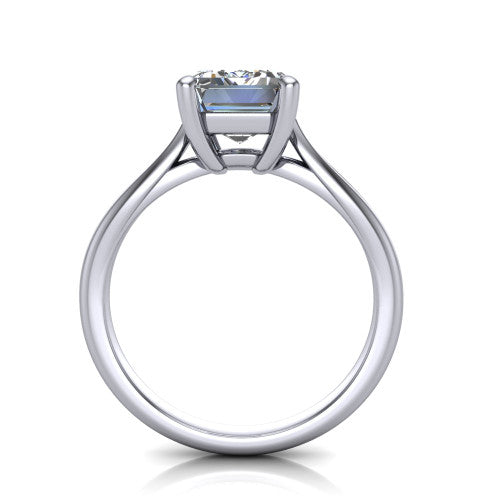 Beatrice emerald solitaire engagement ring in 14K White Gold, through-finger front profile showing the trellis crossover under-gallery and cathedral lift