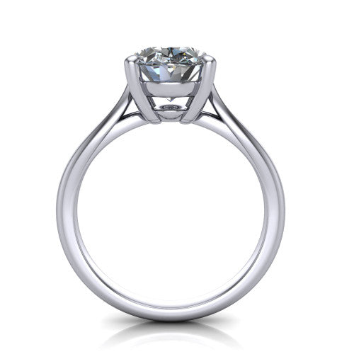 Beatrice oval solitaire engagement ring in 14K White Gold, through-finger front profile showing the trellis crossover under-gallery and cathedral lift