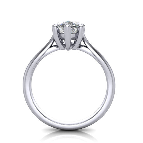 Beatrice pear solitaire engagement ring in 18K White Gold, through-finger front profile showing the trellis crossover under-gallery and cathedral lift