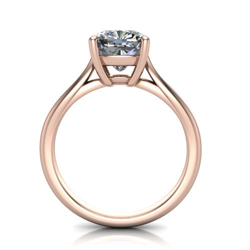 Beatrice cushion solitaire engagement ring in 18K Rose Gold, through-finger front profile showing the trellis crossover under-gallery and cathedral lift