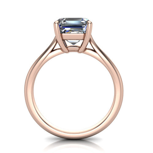 Beatrice square emerald solitaire engagement ring in 14K Rose Gold, through-finger front profile showing the trellis crossover under-gallery and cathedral lift