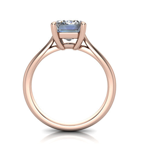 Beatrice emerald solitaire engagement ring in 14K Rose Gold, through-finger front profile showing the trellis crossover under-gallery and cathedral lift