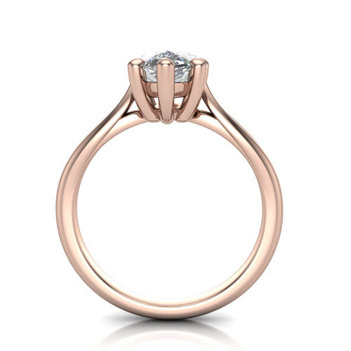 Beatrice pear solitaire engagement ring in 18K Rose Gold, through-finger front profile showing the trellis crossover under-gallery and cathedral lift