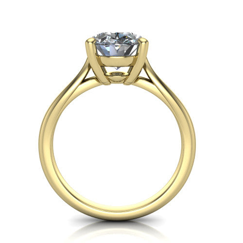 Beatrice oval solitaire engagement ring in 18K Yellow Gold, through-finger front profile showing the trellis crossover under-gallery and cathedral lift