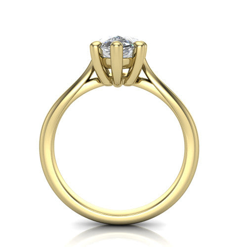 Beatrice pear solitaire engagement ring in 18K Yellow Gold, through-finger front profile showing the trellis crossover under-gallery and cathedral lift