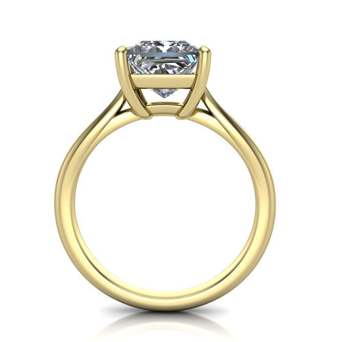 Beatrice princess solitaire engagement ring in 18K Yellow Gold, through-finger front profile showing the trellis crossover under-gallery and cathedral lift