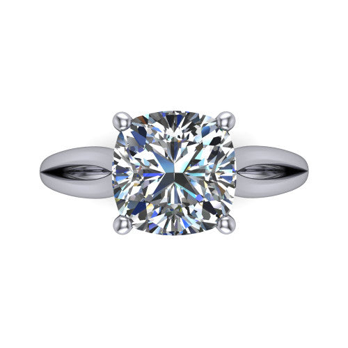 Beatrice cushion solitaire engagement ring in Platinum, top-down view showing the brilliant cushion-cut center diamond held by four prongs