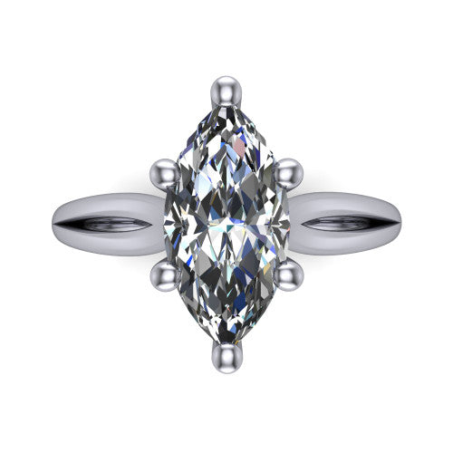 Beatrice marquise solitaire engagement ring in 18K White Gold, top-down view showing the brilliant marquise center diamond held by four prongs