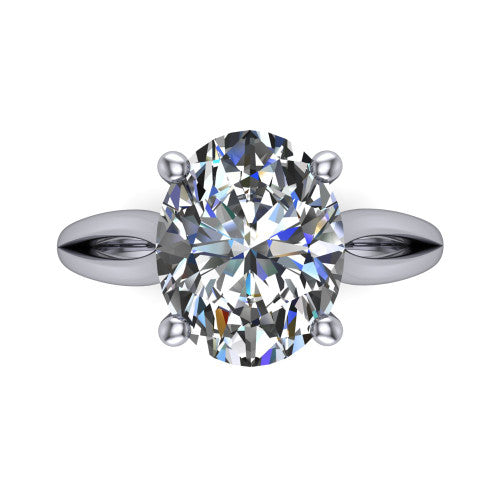Beatrice oval solitaire engagement ring in Platinum, top-down view showing the brilliant oval center diamond held by four prongs