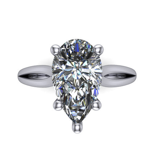 Beatrice pear solitaire engagement ring in 18K White Gold, top-down view showing the brilliant pear-cut center diamond held by four prongs