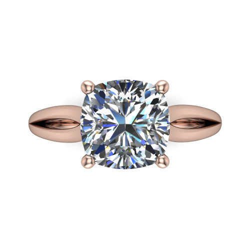 Beatrice cushion solitaire engagement ring in 14K Rose Gold, top-down view showing the brilliant cushion-cut center diamond held by four prongs
