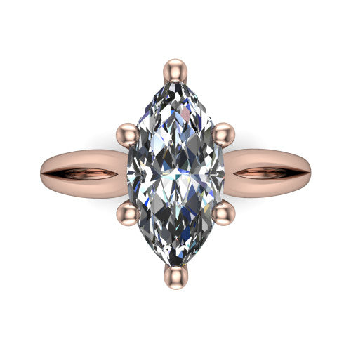 Beatrice marquise solitaire engagement ring in 14K Rose Gold, top-down view showing the brilliant marquise center diamond held by four prongs