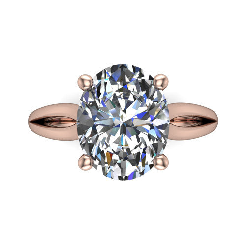 Beatrice oval solitaire engagement ring in 14K Rose Gold, top-down view showing the brilliant oval center diamond held by four prongs