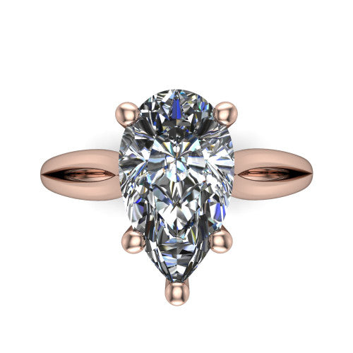 Beatrice pear solitaire engagement ring in 18K Rose Gold, top-down view showing the brilliant pear-cut center diamond held by four prongs