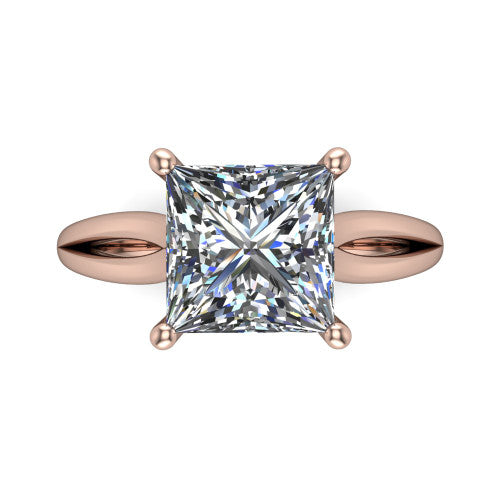 Beatrice princess solitaire engagement ring in 14K Rose Gold, top-down view showing the brilliant princess-cut center diamond held by four prongs