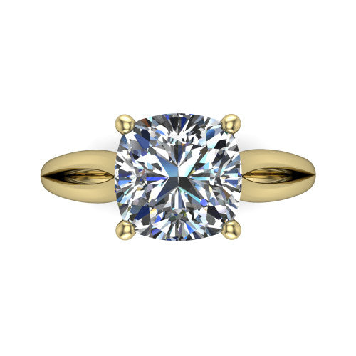 Beatrice cushion solitaire engagement ring in 18K Yellow Gold, top-down view showing the brilliant cushion-cut center diamond held by four prongs