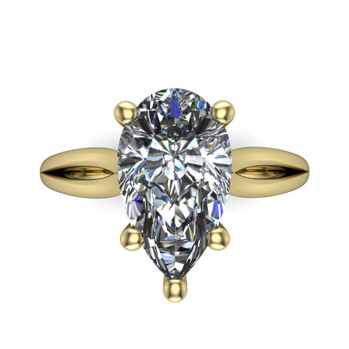 Beatrice pear solitaire engagement ring in 18K Yellow Gold, top-down view showing the brilliant pear-cut center diamond held by four prongs