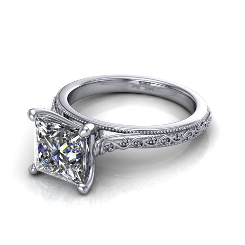 Violet princess solitaire engagement ring in 18K White Gold, three-quarter perspective showing the brilliant princess-cut center diamond on a hand-engraved scroll shank with milgrain edges
