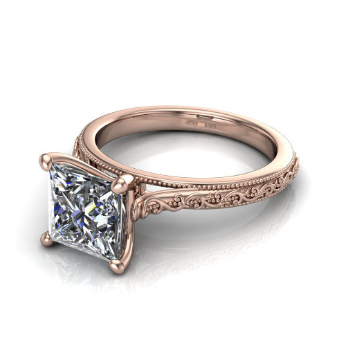 Violet princess solitaire engagement ring in 18K Rose Gold, three-quarter perspective showing the brilliant princess-cut center diamond on a hand-engraved scroll shank with milgrain edges