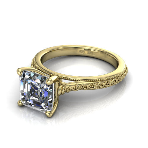 Violet square emerald solitaire engagement ring in 18K Yellow Gold, three-quarter perspective showing the step-cut square emerald center diamond on a hand-engraved scroll shank with milgrain edges