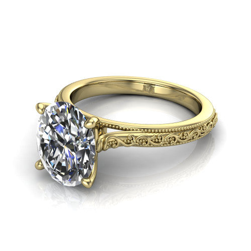 Violet oval solitaire engagement ring in 14K Yellow Gold, three-quarter perspective showing the brilliant oval center diamond on a hand-engraved scroll shank with milgrain edges